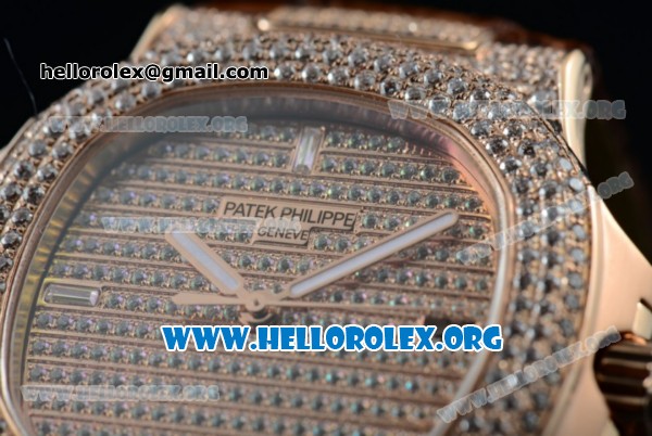 Patek Philippe Nautilus Miyota 9015 Automatic Rose Gold Case with Diamond Dial and Brown Leather Strap - Click Image to Close